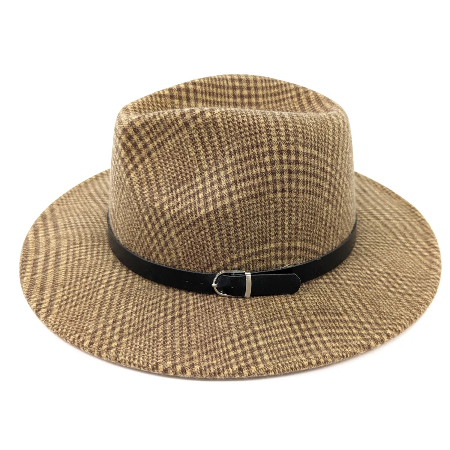 Black Ginger Check Fedora Hat - Cappuccino Brown