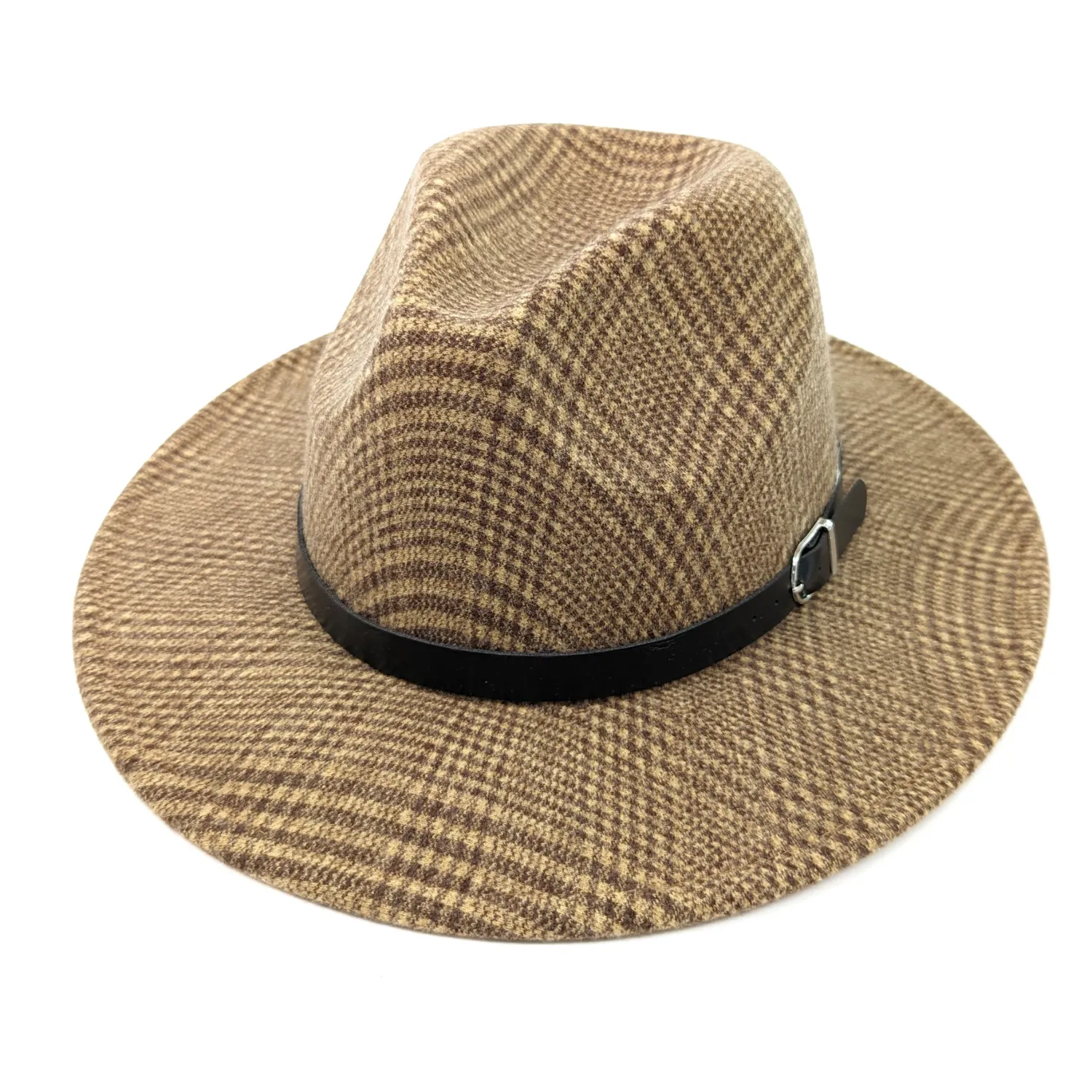 Black Ginger Check Fedora Hat - Cappuccino Brown