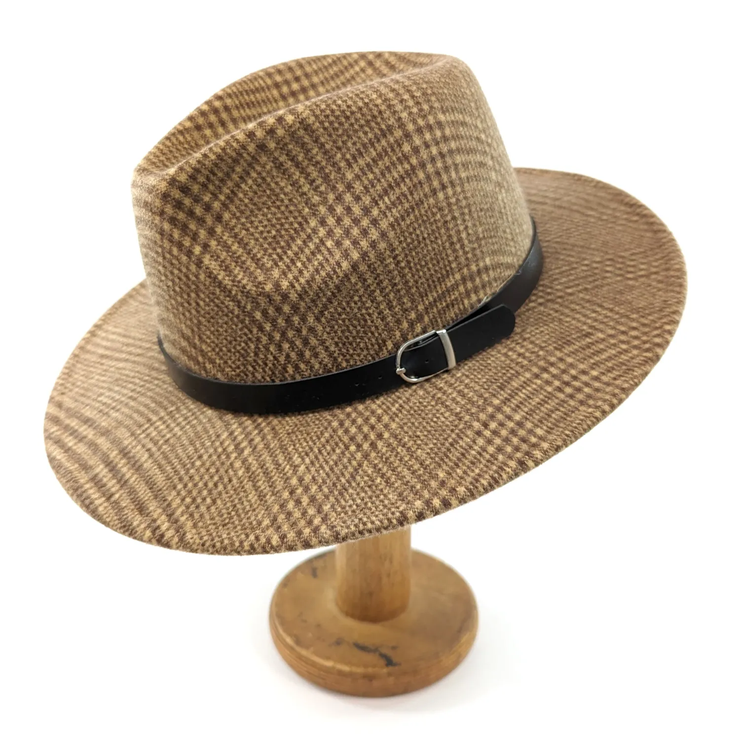 Black Ginger Check Fedora Hat - Cappuccino Brown