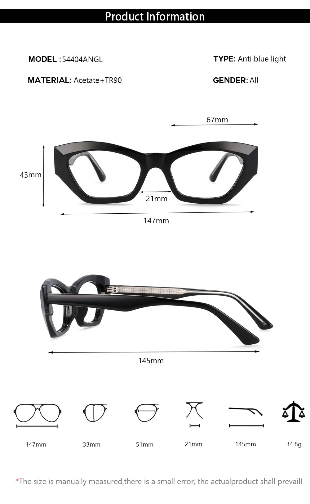 CCspace Unisex Full Rim Oversized Rectangle Cat Eye Acetate Frame Eyeglasses 54404