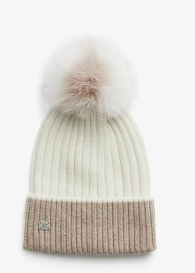 Ciel Rib Knit Hat w/ Removable Feather Pom Pom