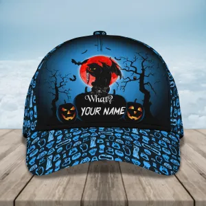 Funny Cat Holding Knife Halloween Hats Custom Name Baseball Cap Halloween Gifts