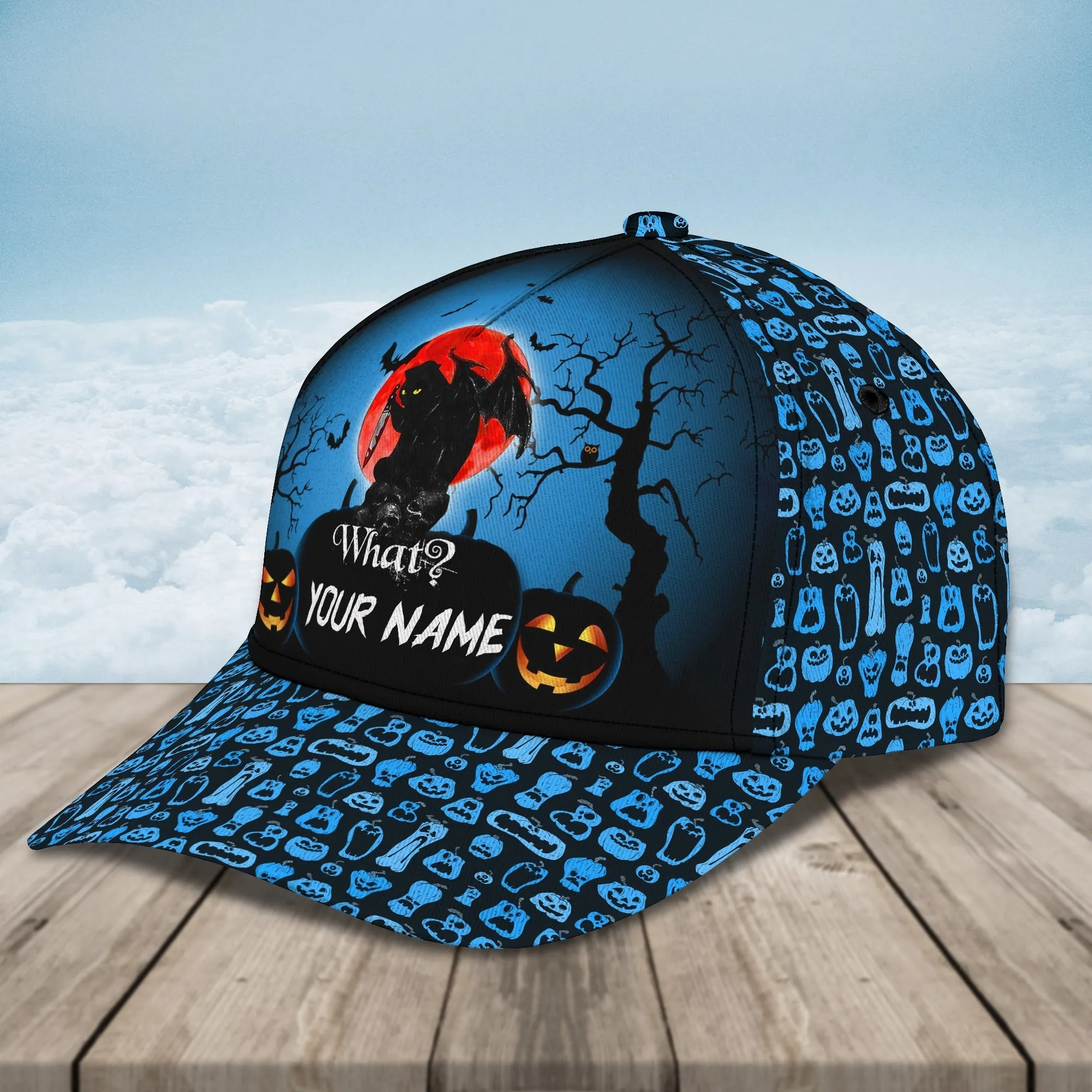 Funny Cat Holding Knife Halloween Hats Custom Name Baseball Cap Halloween Gifts