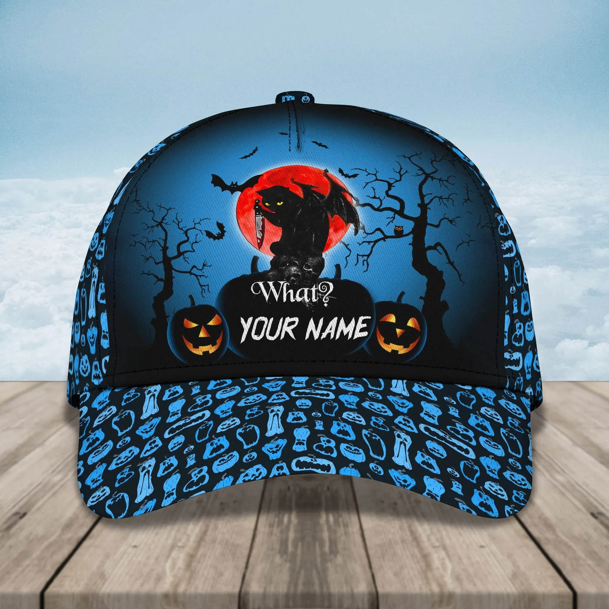 Funny Cat Holding Knife Halloween Hats Custom Name Baseball Cap Halloween Gifts