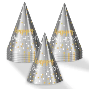 Happy Birthday Silver and Gold Dot Foil Party Cone Hats, 12 Count