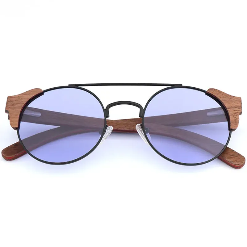 Hdcrafter Unisex Full Rim Round Alloy Wood Sunglasses 56229