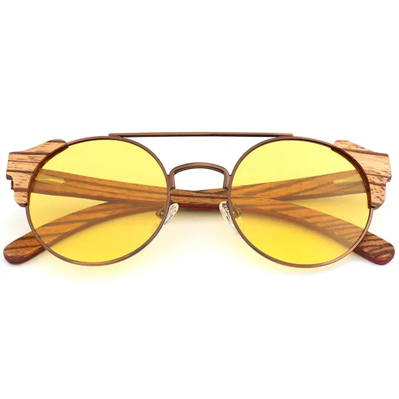 Hdcrafter Unisex Full Rim Round Alloy Wood Sunglasses 56229