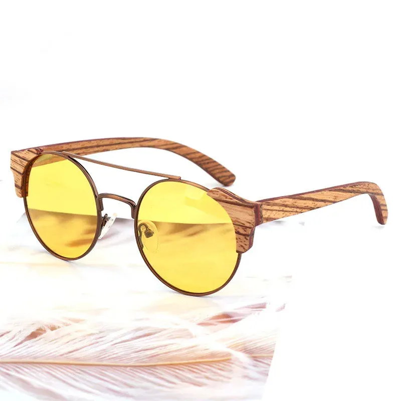 Hdcrafter Unisex Full Rim Round Alloy Wood Sunglasses 56229