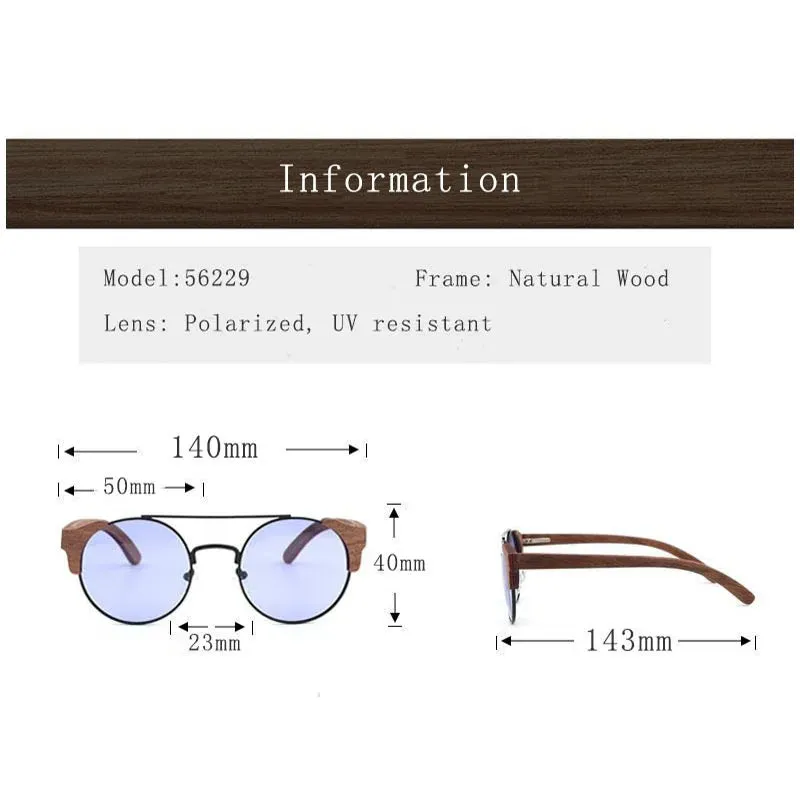 Hdcrafter Unisex Full Rim Round Alloy Wood Sunglasses 56229