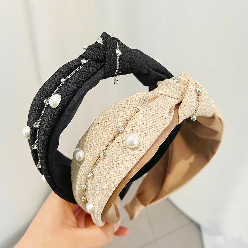 High-End Headdress Wide Edge Knotted Hair Band Senior Sense Of Rhinestone Pearl Hair Bundle Pressure Hair R591