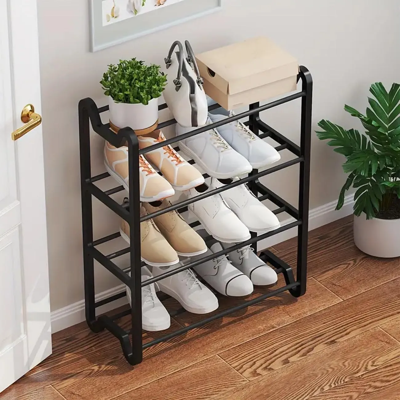 Lukzer Multi-Purpose 4 Layer Shoe Rack Detachable Open Book Shelf Storage Holder Organizer Stand (Unique Feet Design/Black/57.7 X 45.5 X 20Cm) - Plastic