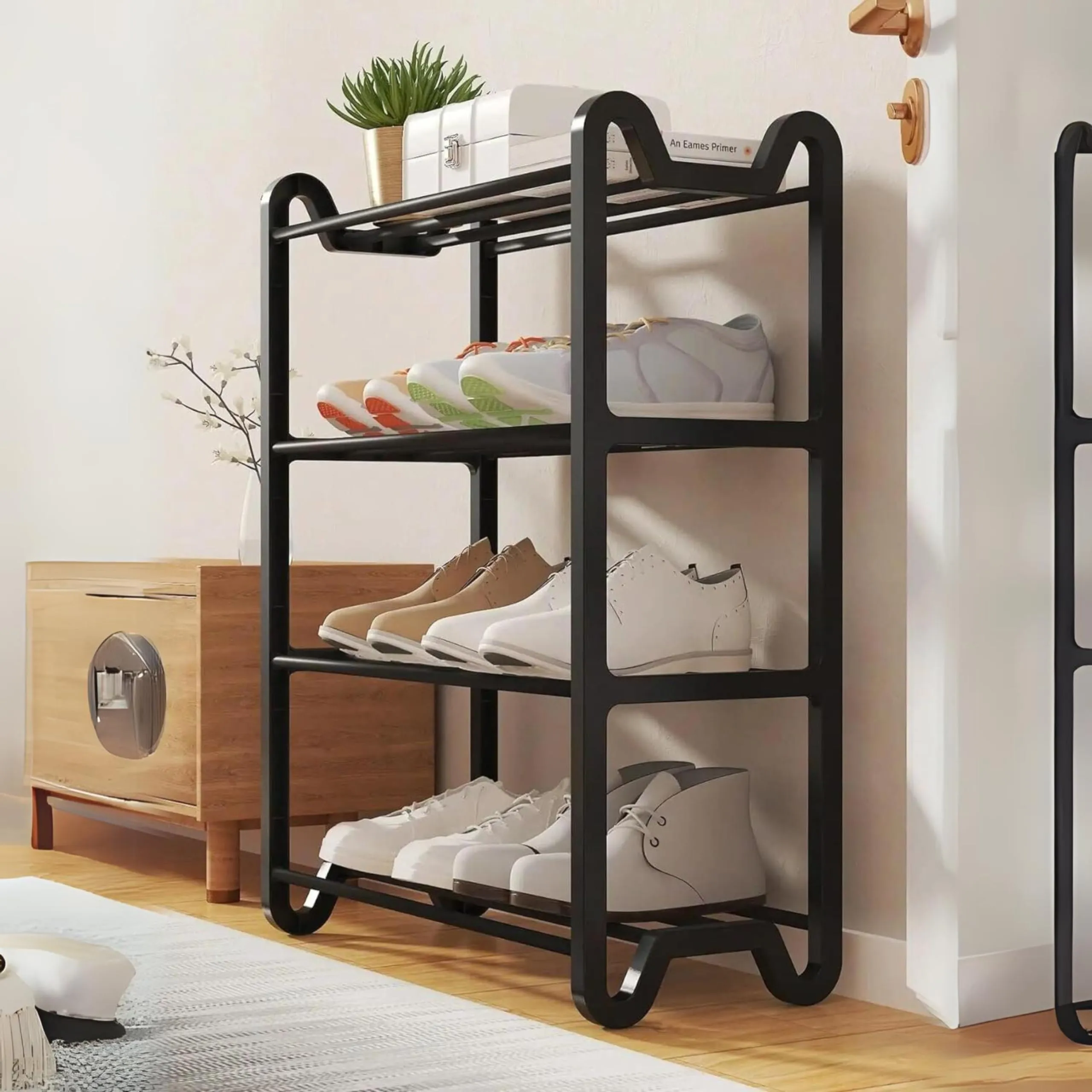 Lukzer Multi-Purpose 4 Layer Shoe Rack Detachable Open Book Shelf Storage Holder Organizer Stand (Unique Feet Design/Black/57.7 X 45.5 X 20Cm) - Plastic