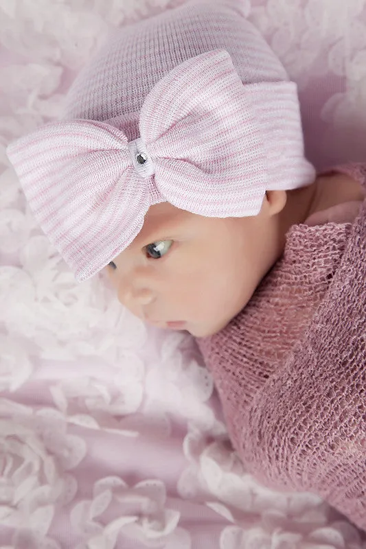 Pink and White Striped Nursery Big Bow with Gem Newborn Girl Hospital Hat Newborn Hat Infant Hat