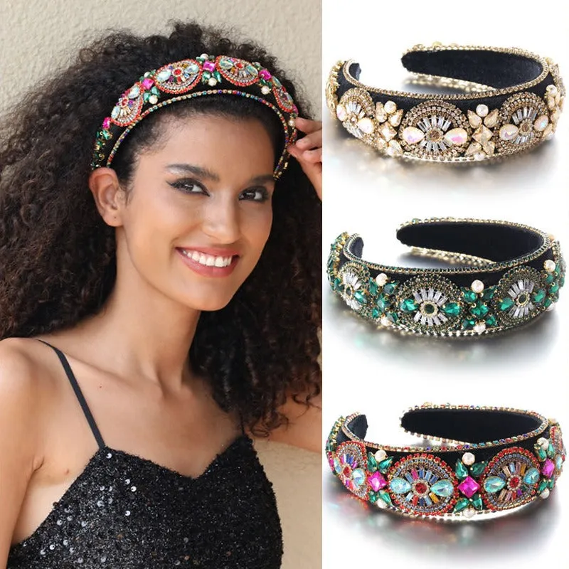 Super Sparkling Diamond Pearl Hair Hoop Baroque Retro Women's Sponge Head Hoop