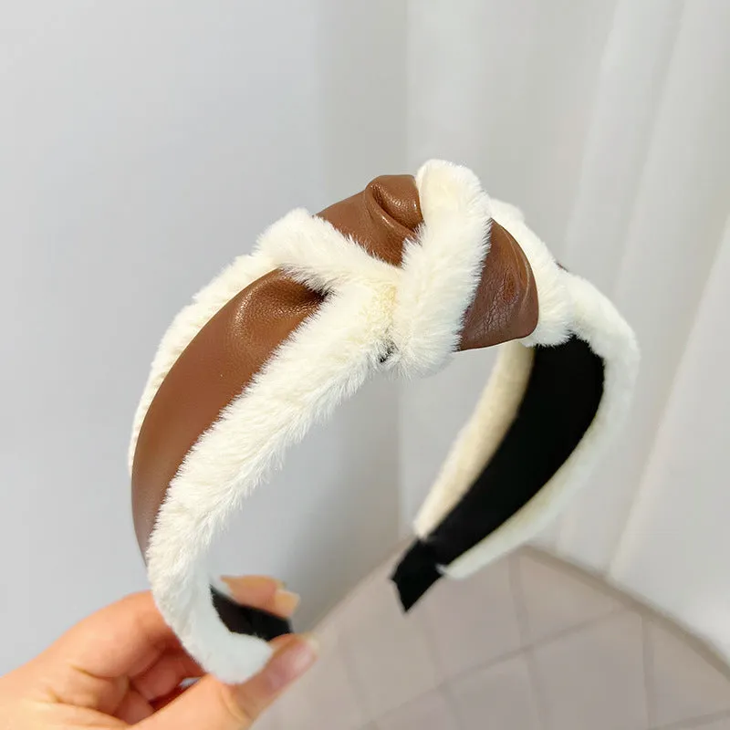 Vintage Fashion Rabbit Hair Imitation Leather Hair Hoop Net Red Knot Headband Sweet Temperament Wide Brim Hair Accessories Female R537